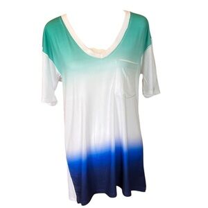 Go Couture Green Blue Ombré V-Neck Pocket T-Shirt women’s size XL New